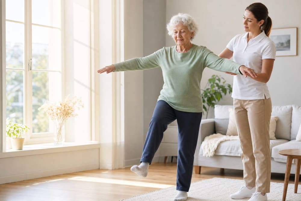 Femme de 80 ans faisant des exercices d'équilibre dans son salon, accompagnée d'un enseignant APA à domicile