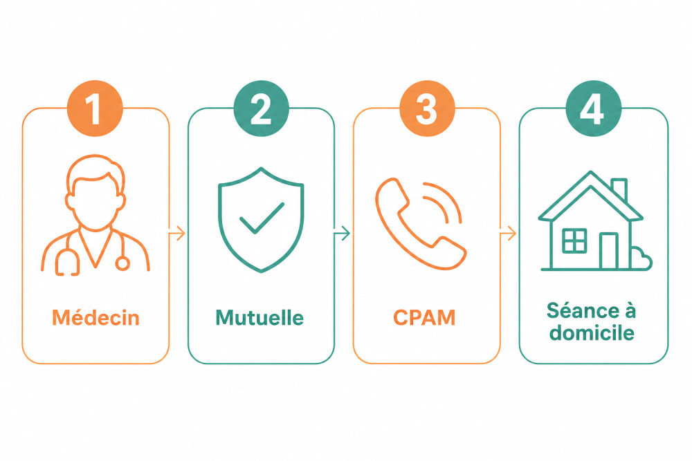 Infographie en 4 étapes pour organiser la prise en charge d'une activité physique adaptée : médecin, mutuelle, CPAM, séance à domicile