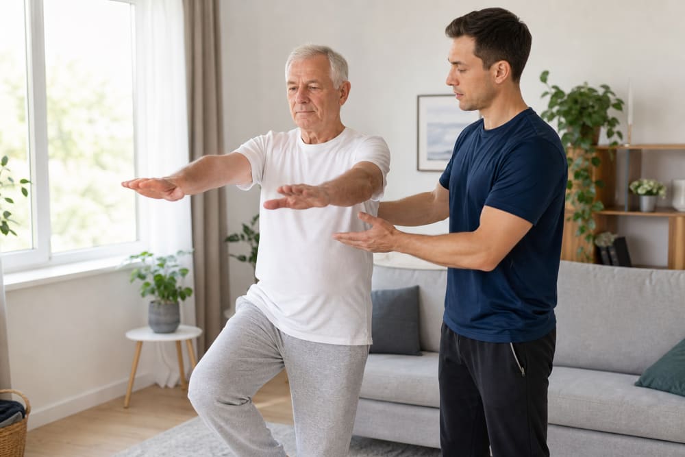 Enseignant APA guidant un homme de 72 ans dans des exercices d'équilibre adaptés lors d'une séance à domicile