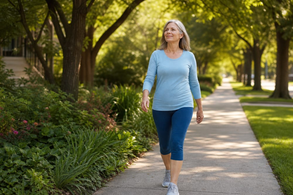 Femme marchant à son rythme sur un chemin ombragé, activité douce particulièrement adaptée à la fibromyalgie
