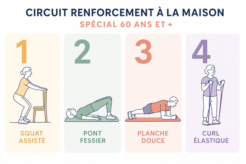 Infographie en 4 étapes : circuit de renforcement musculaire à domicile après 60 ans - squat à la chaise, pont fessier, gainage et renforcement des bras avec élastique