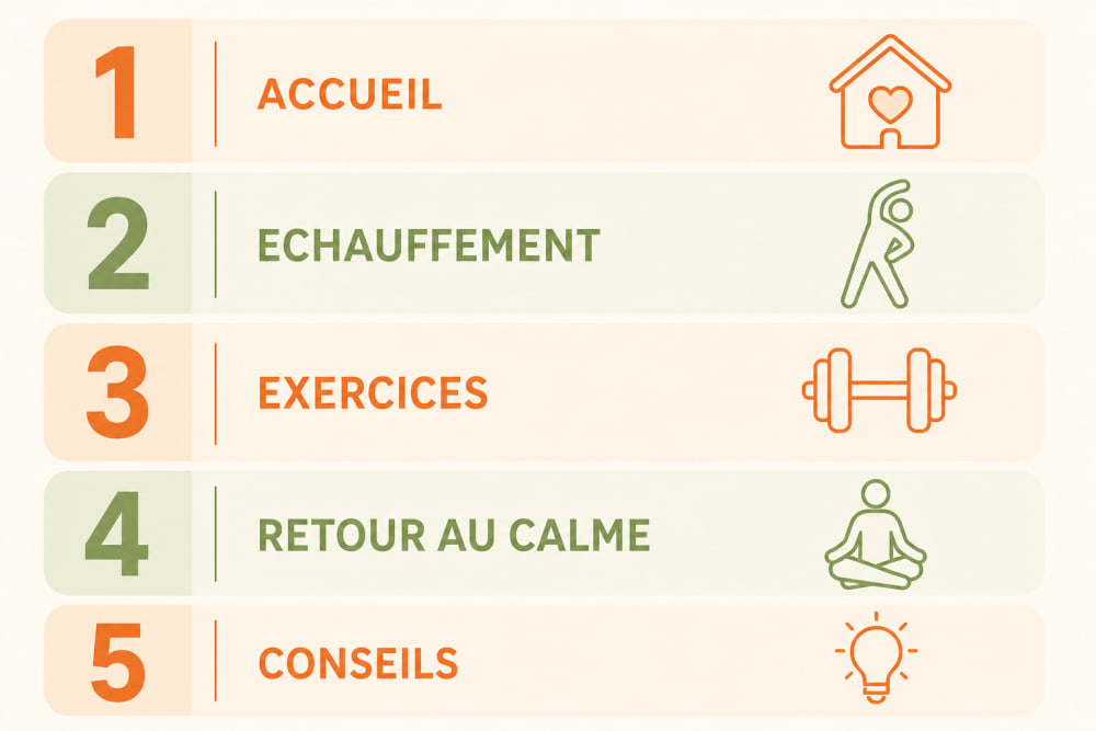 Infographie présentant les 5 étapes d'une séance de sport adapté à domicile : accueil, échauffement, exercices, retour au calme, conseils