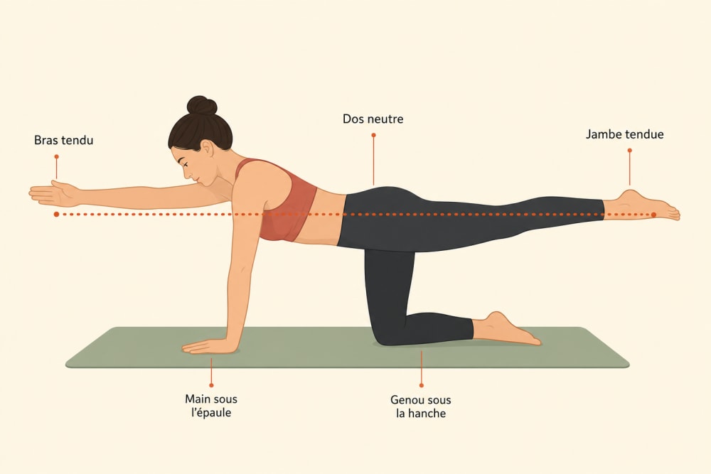 Schéma de l'exercice bird-dog : position à quatre pattes avec extension simultanée du bras et de la jambe opposés pour renforcer le dos