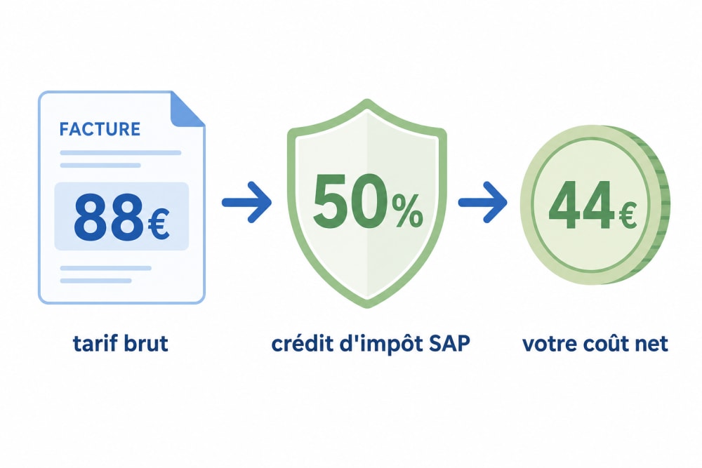 Infographie en trois étapes expliquant le crédit d'impôt : 88 € tarif brut, 50 % crédit d'impôt SAP, 44 € coût net