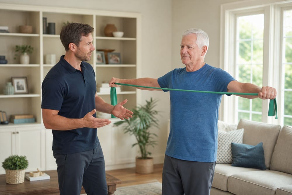 Enseignant APA montrant un exercice d'équilibre avec élastique à un homme de 68 ans lors d'une séance à domicile