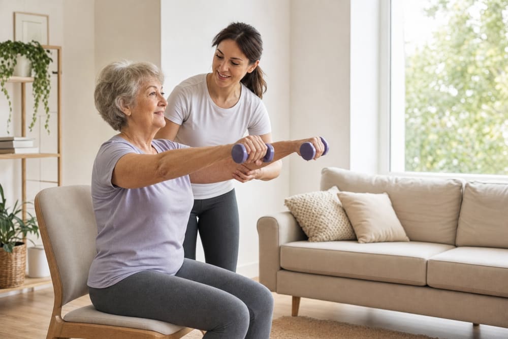Enseignante APA guidant une femme de 70 ans lors d'une séance de coaching sportif à domicile dans un salon lumineux