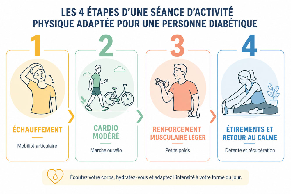 Infographie en 4 étapes d'une séance APA pour personne diabétique : échauffement, cardio modéré, renforcement léger, étirements