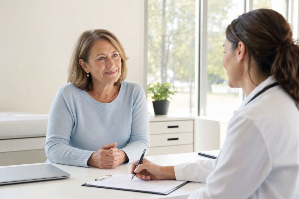 Une femme d'une soixantaine d'années en consultation chez son médecin généraliste, recevant un certificat médical pour la pratique sportive