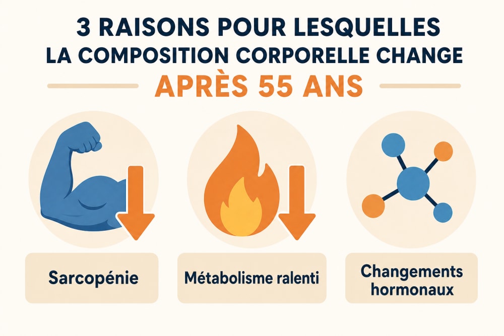 Infographie illustrant les trois mécanismes de modification de la composition corporelle après 55 ans : sarcopénie, métabolisme ralenti et changements hormonaux