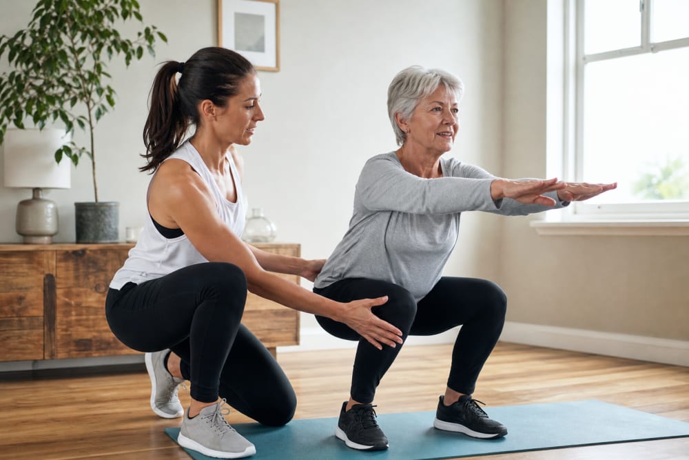 Une femme réalise un exercice de renforcement musculaire des jambes sous la supervision de son enseignant APA à domicile