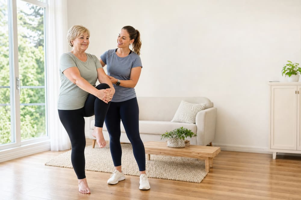 Une femme d'environ 60 ans réalise un exercice d'équilibre debout guidée par son enseignant APA dans son salon lumineux
