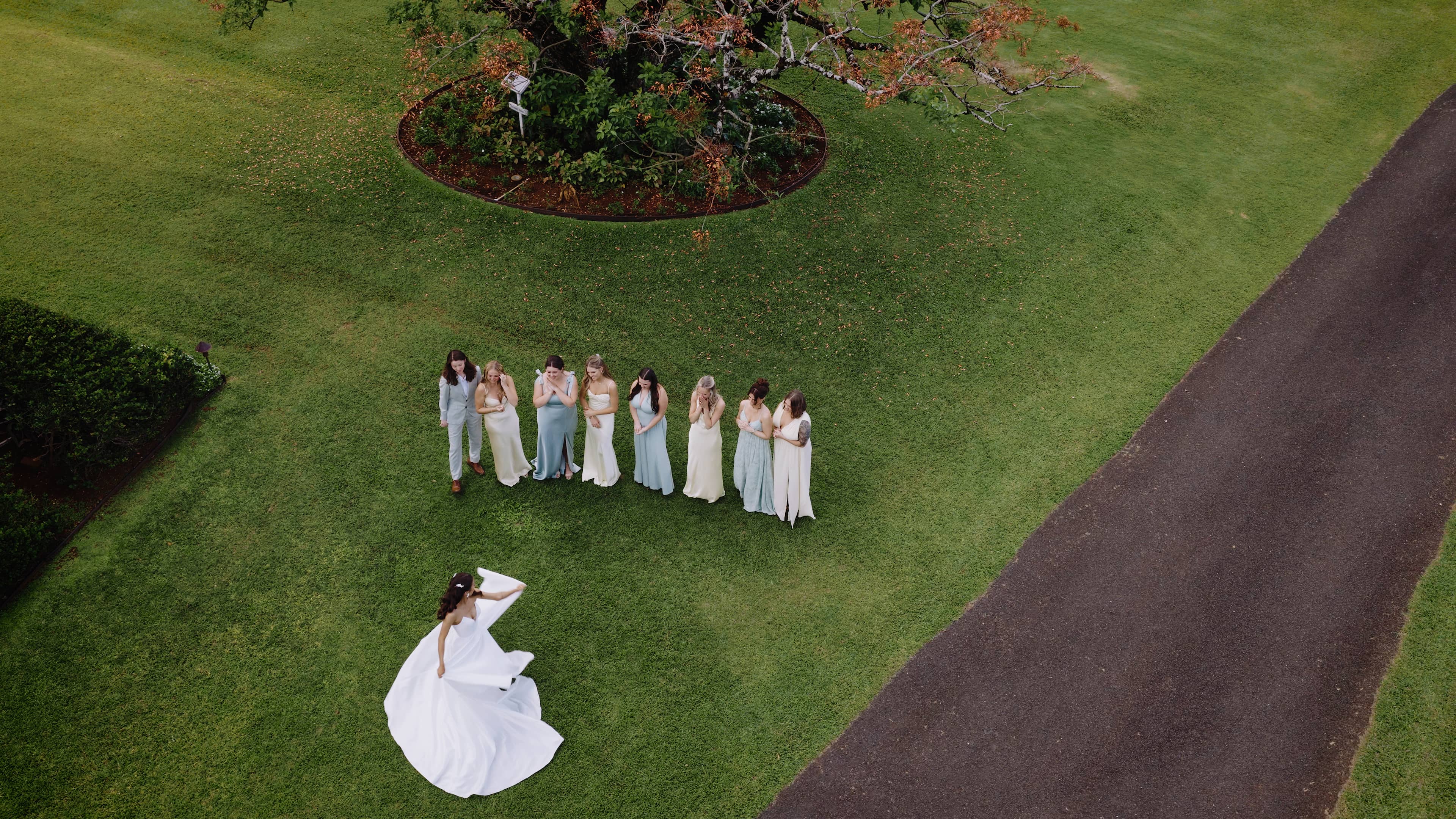 Drone photo of the bridesmaids' first look. 