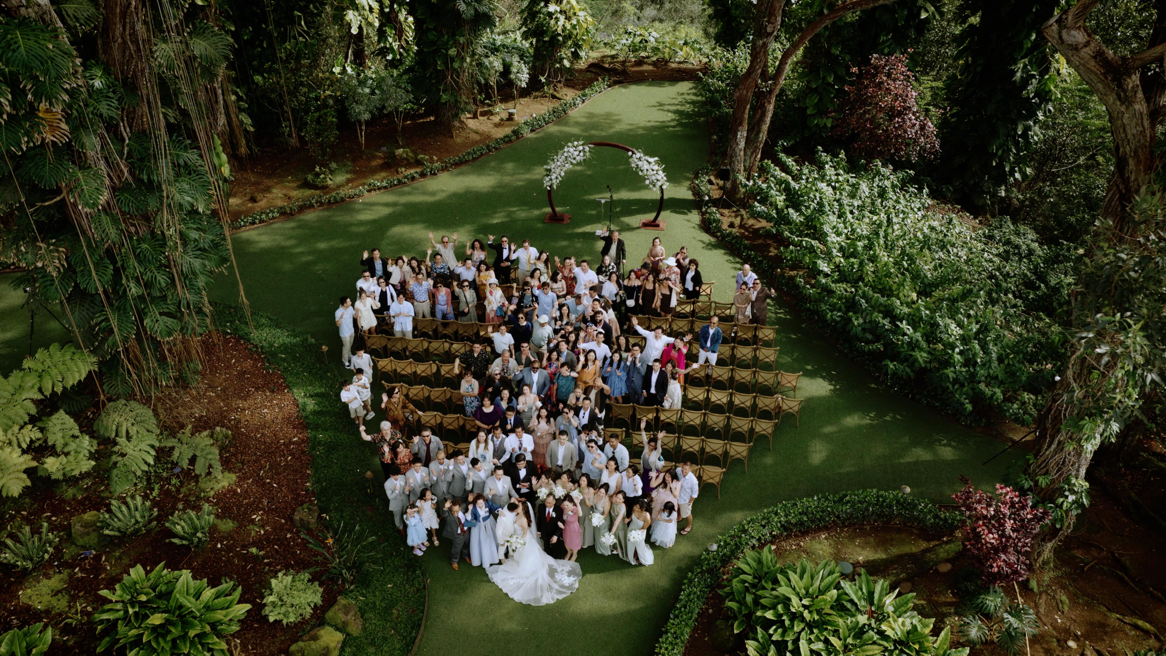 Group drone shot right after the wedding ceremony.
