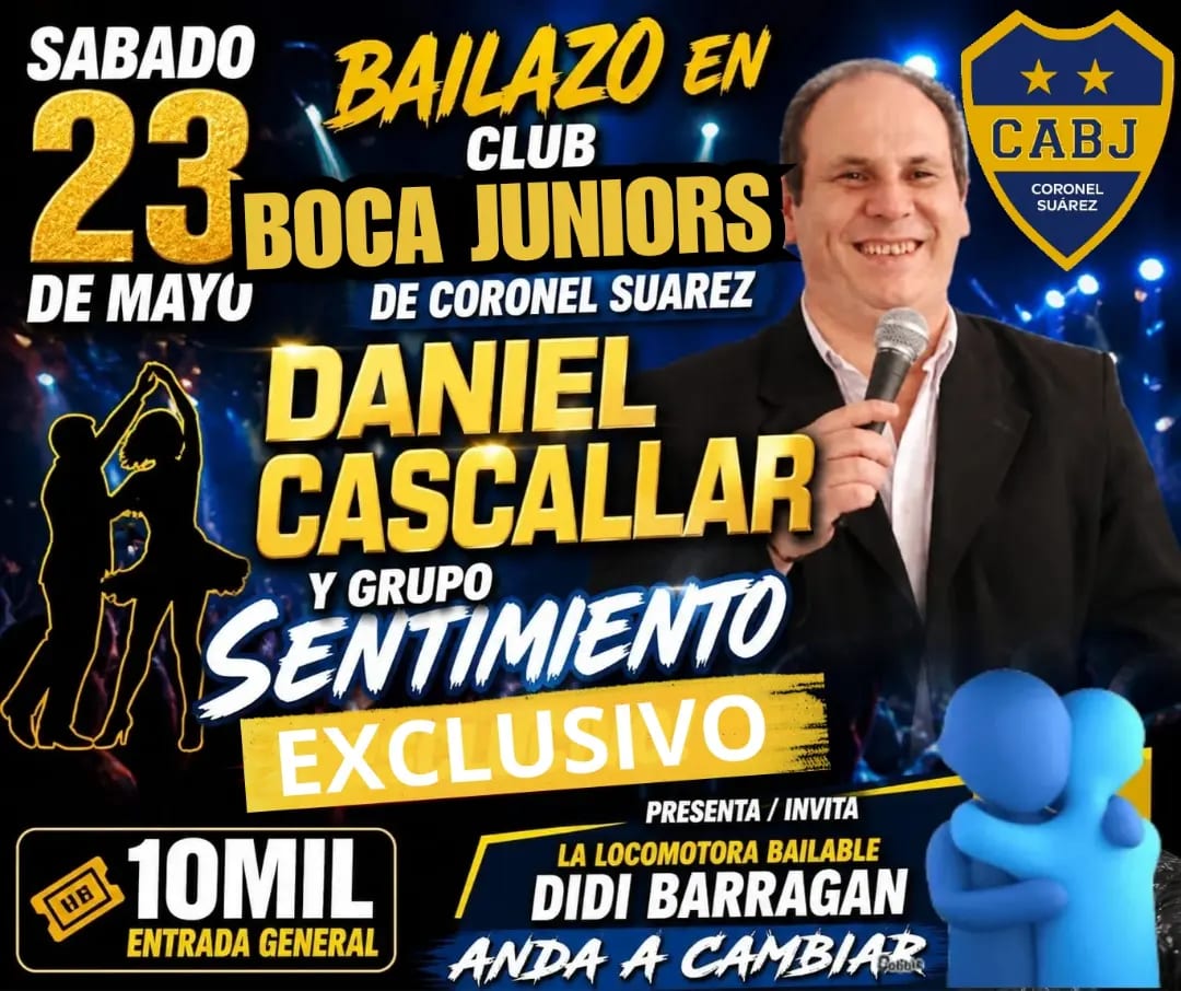 Bailazo en Club Boca Juniors Suárez con Daniel Cascallar y Grupo Sentimiento, este 23 mayo