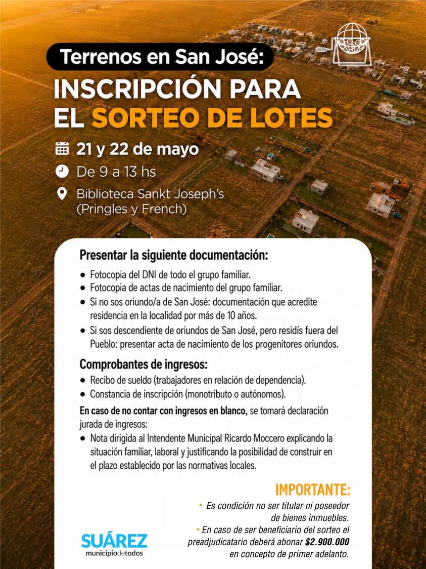 Terrenos en San José: nueva inscripción 21 y 22 de mayo