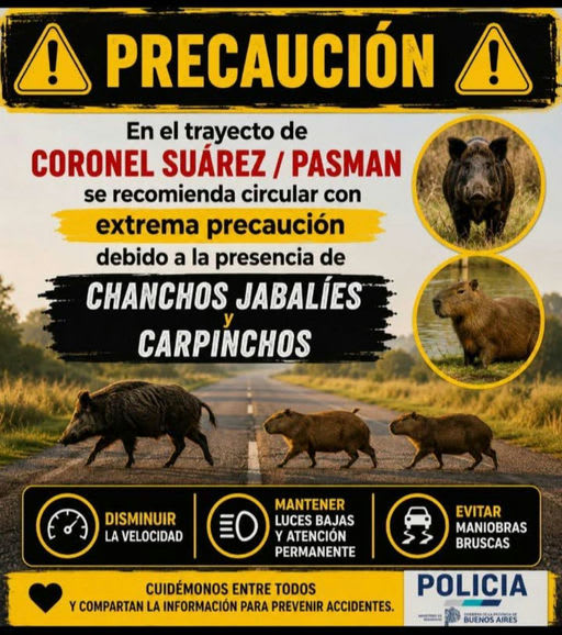 Alerta vial en Coronel Suárez - Pasman: jabalíes y carpinchos en ruta