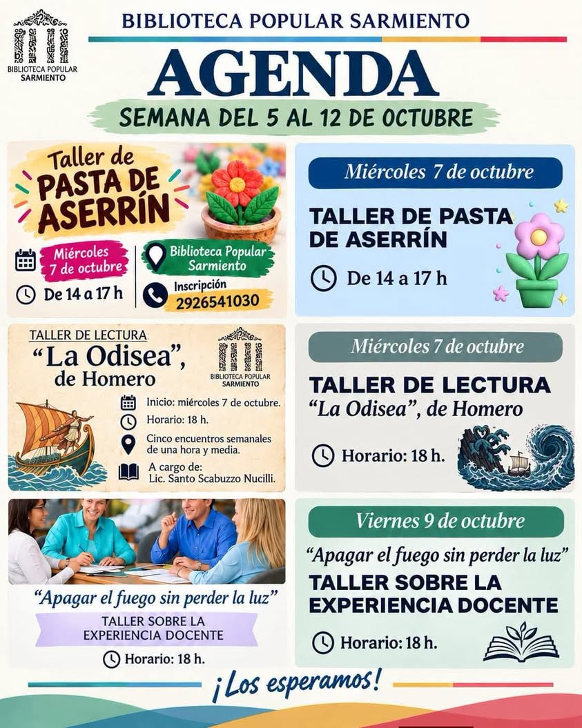La Biblioteca Popular Sarmiento anuncia talleres para la semana del 5 al 12 de octubre