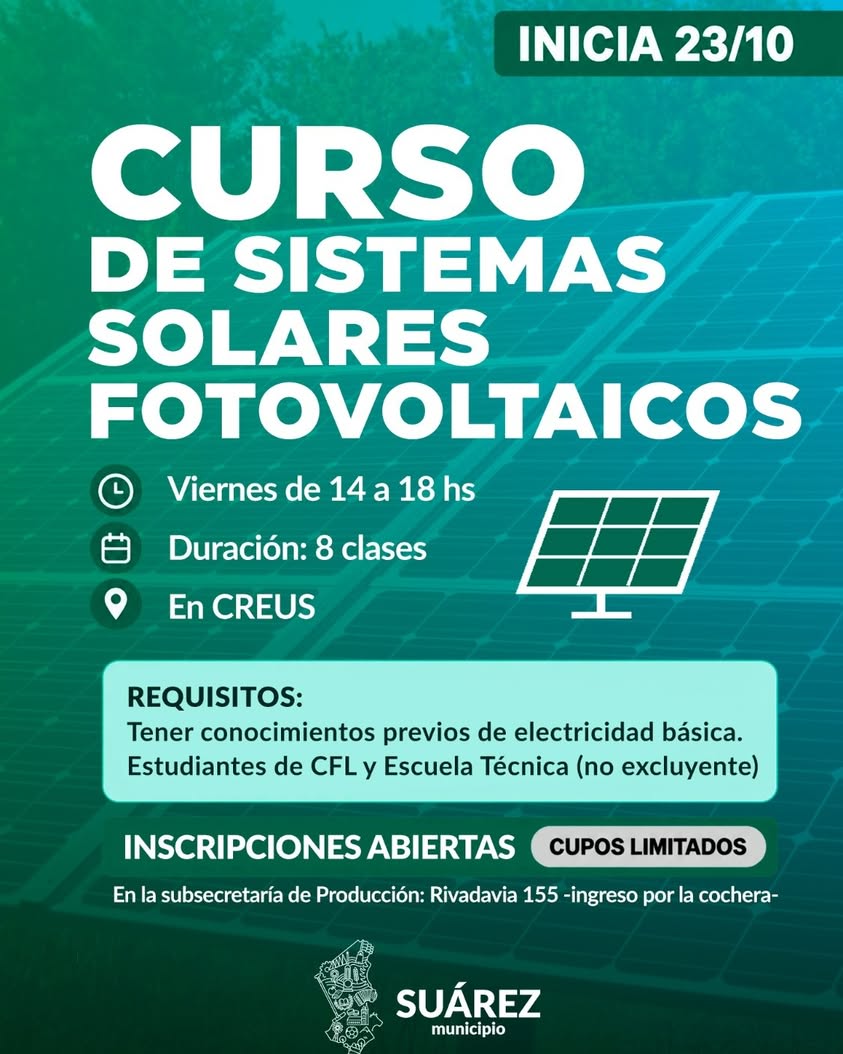 Abierta la inscripción para un curso gratuito de Sistemas Solares Fotovoltaicos en Coronel Suárez