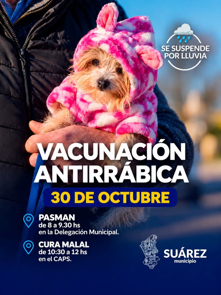 La vacunación antirrábica gratuita llega a Pasman y Cura Malal el 30 de octubre
