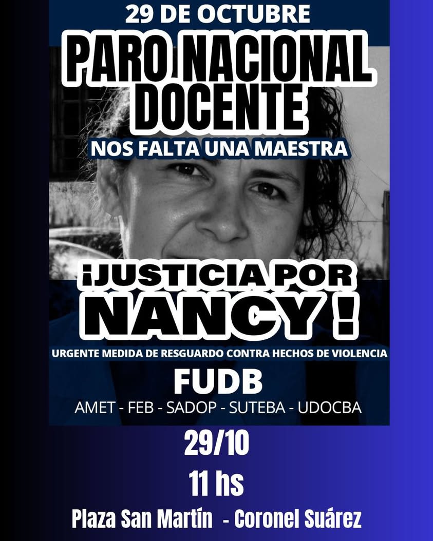 Docentes de Coronel Suárez se movilizan por justicia tras el femicidio de Nancy Godoy