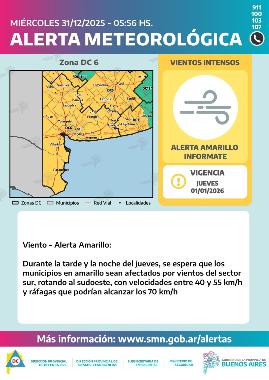 Alerta amarilla por fuertes vientos en Coronel Suárez y la zona, este jueves 1º y viernes 2