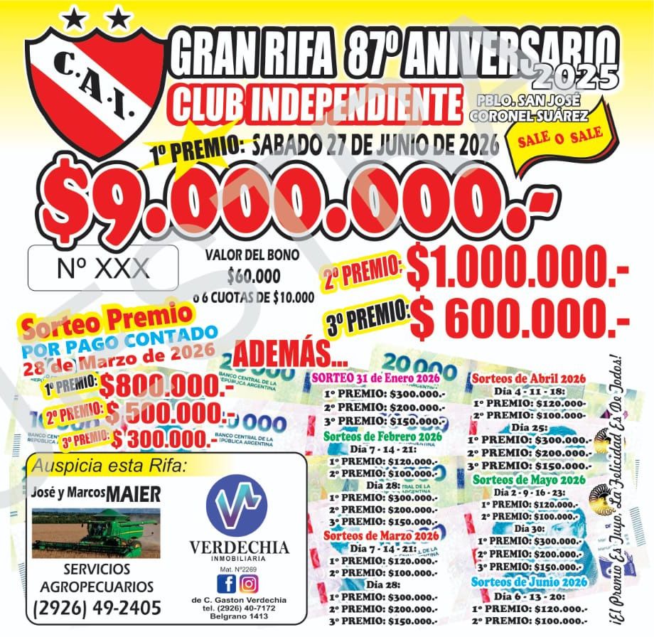 Gran rifa por el 87° aniversario de Independiente: el primer premio será de $9.000.000