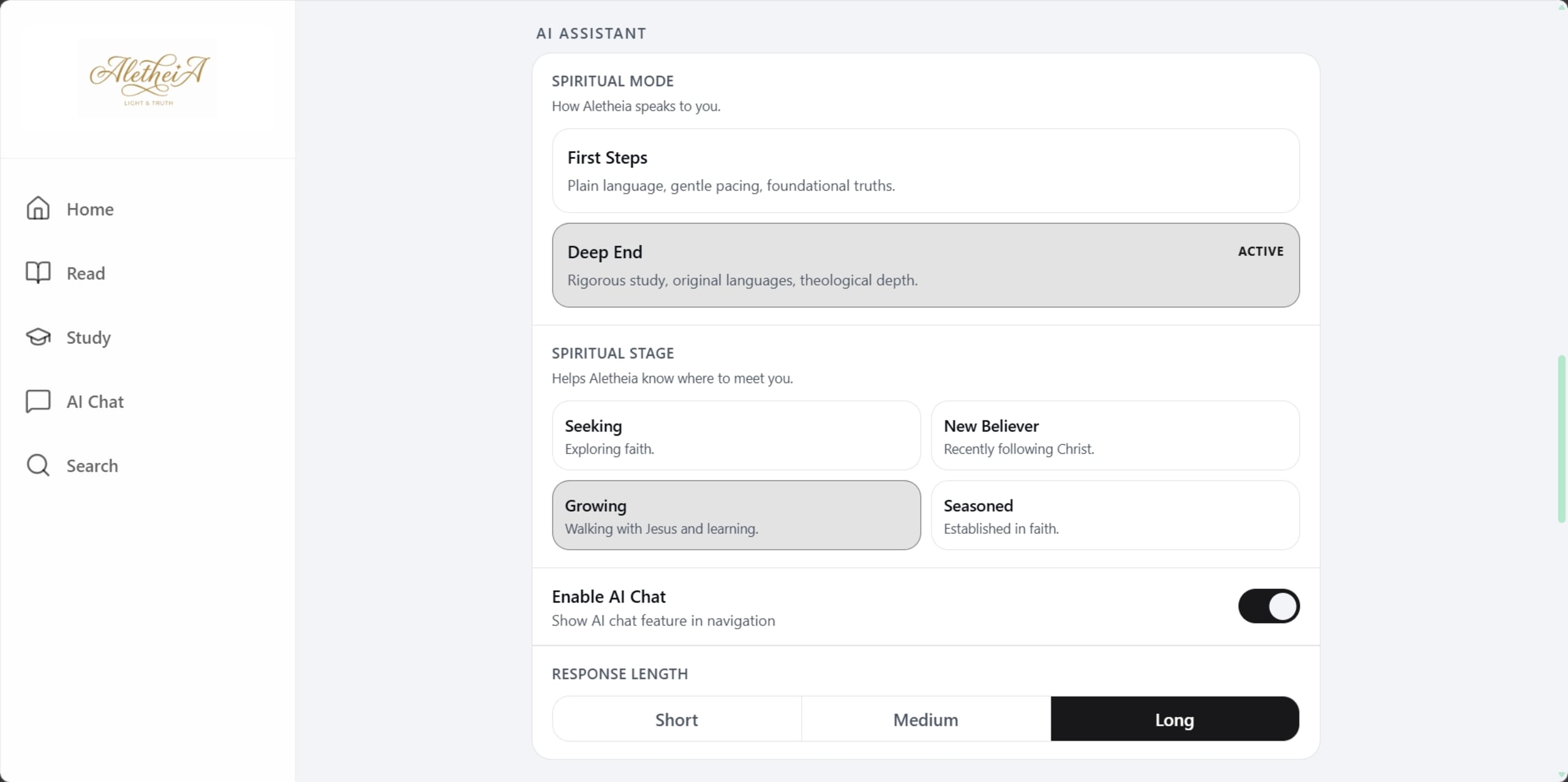 Aletheia Bible — AI settings