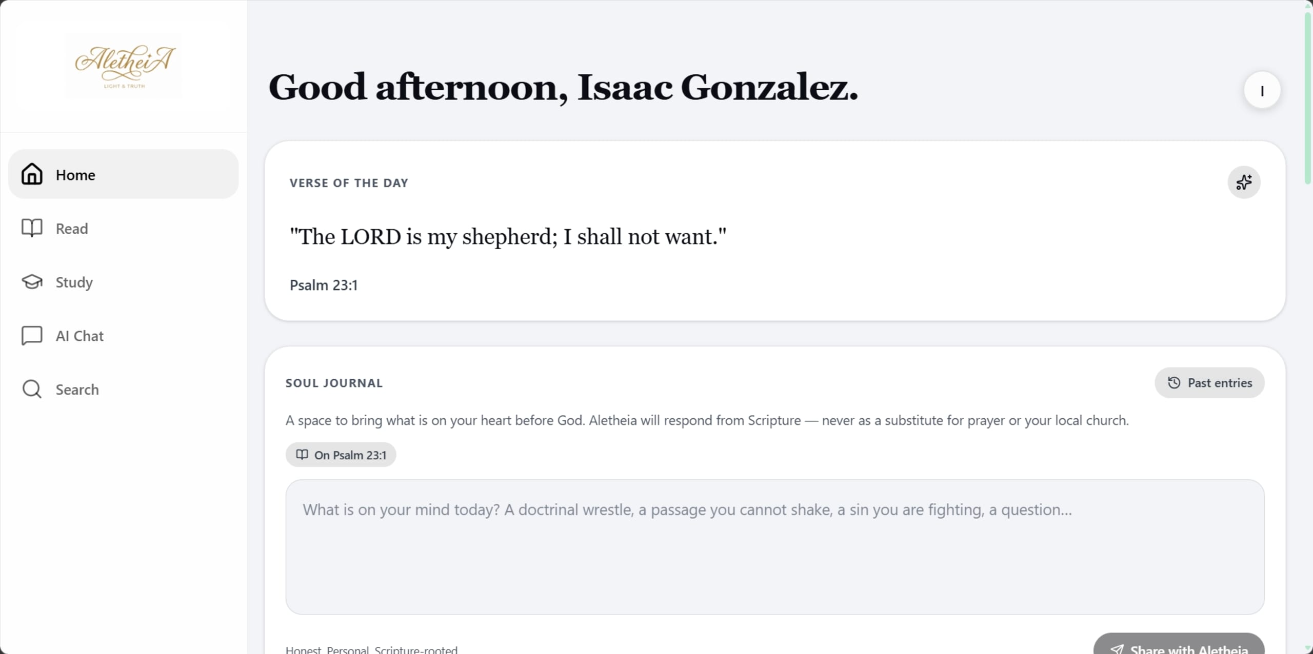Aletheia Bible — Home dashboard