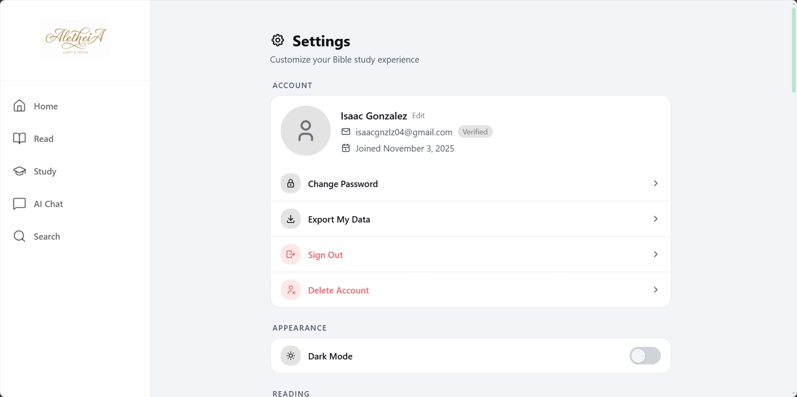 Aletheia Bible — Settings screen