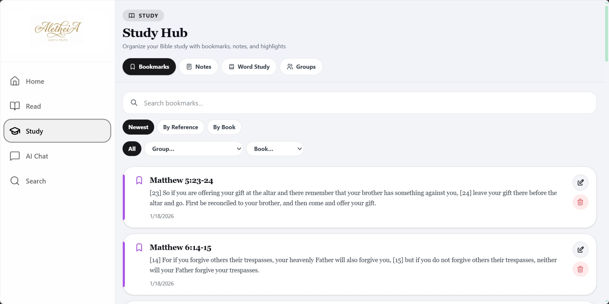 Aletheia Bible — Study hub dashboard