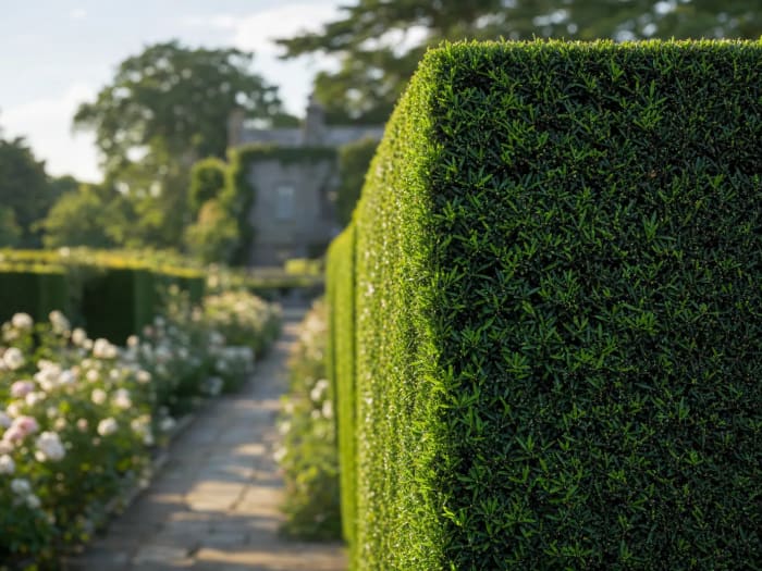 Hand-trimmed yew hedge