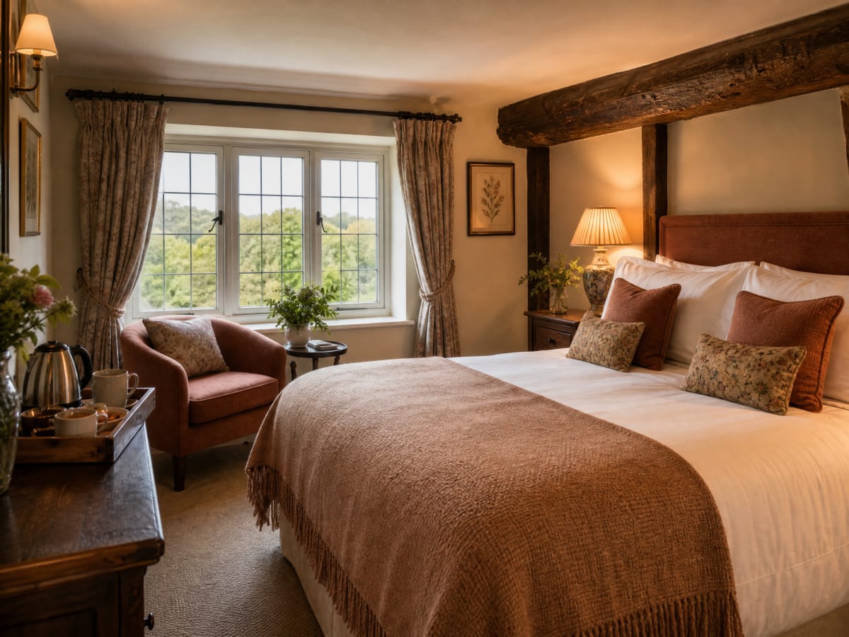 Warm en-suite guest room above the Rose & Crown pub in Mayfield, East Sussex