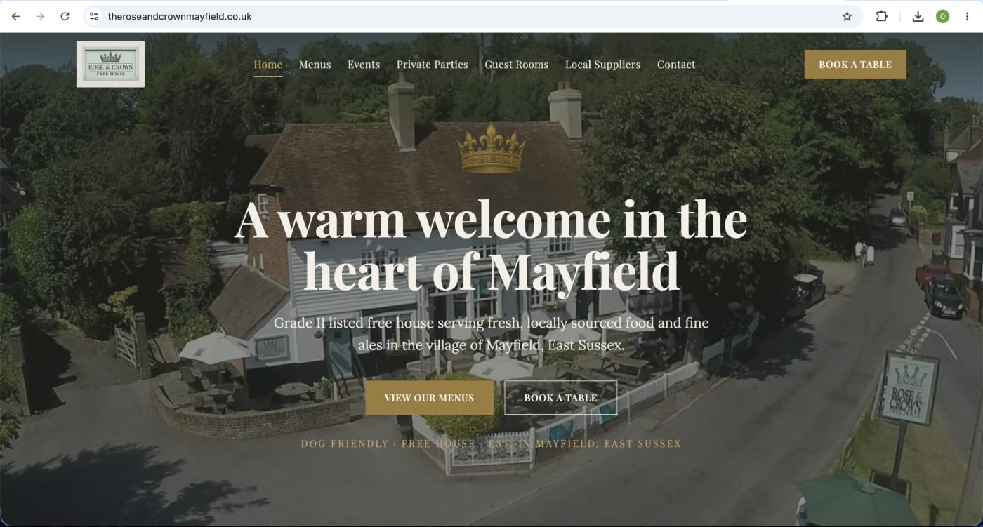 The Rose & Crown Mayfield website screenshot