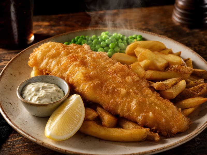 Beer battered haddock and chips, a main course at the Rose & Crown Mayfield