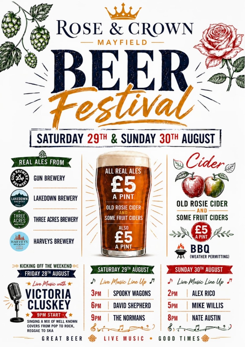 Beer Festival poster — The Rose & Crown Mayfield, 29–30 August 2026