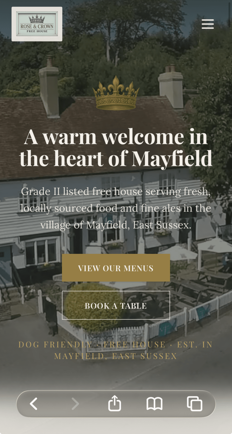 The Rose & Crown Mayfield website screenshot on mobile