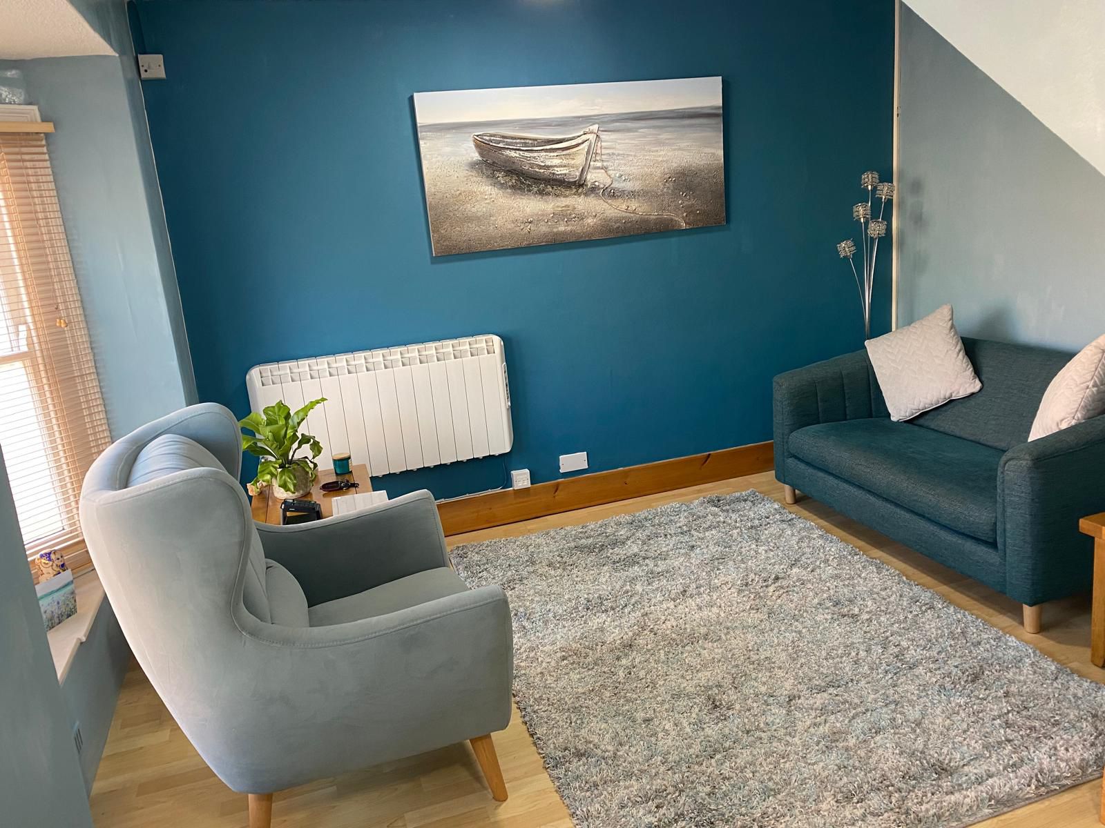 The Calmer Waters consulting room — a calm, welcoming therapy space