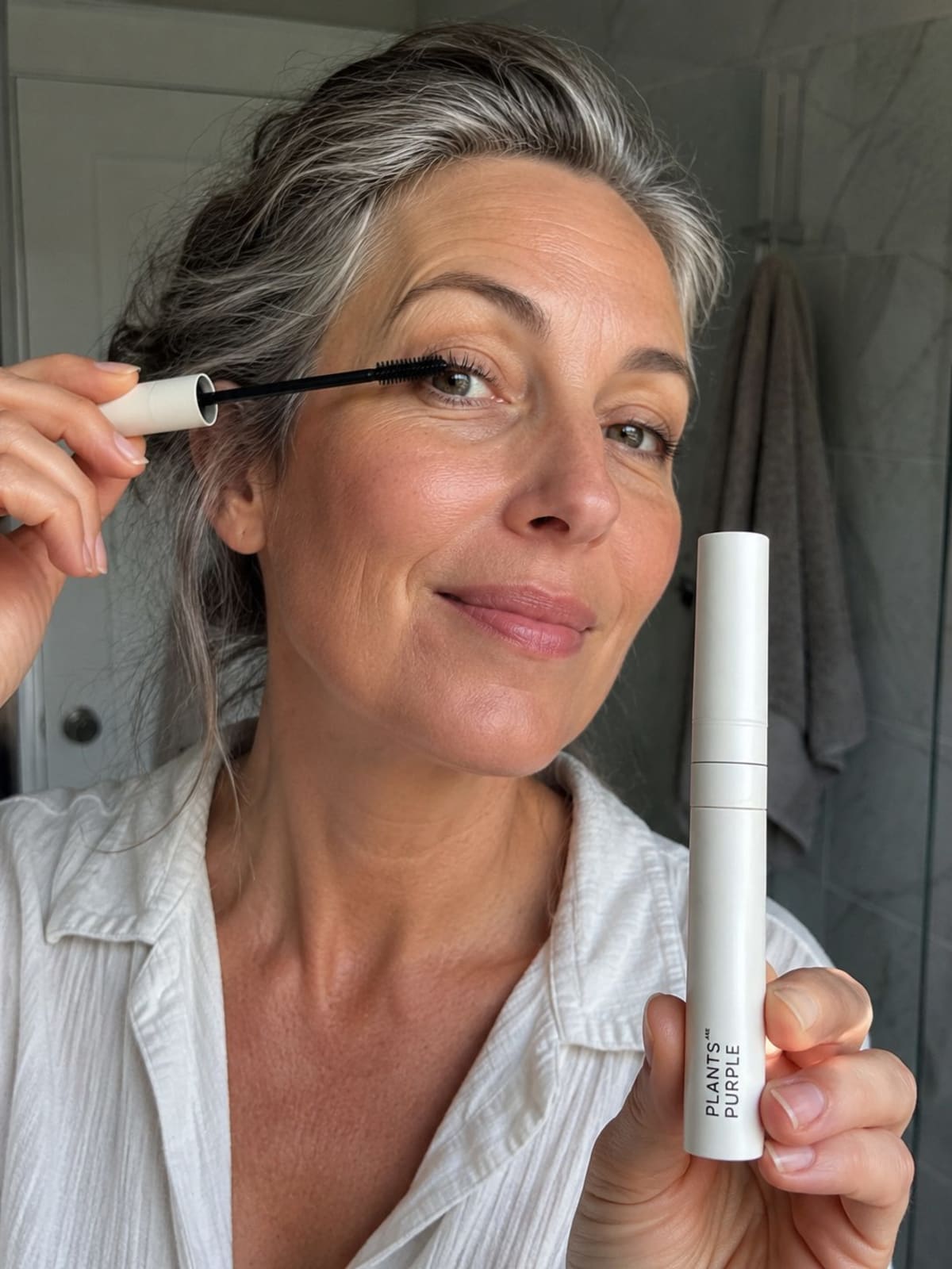 A customer applying the Miracle Mascara in front of the mirror