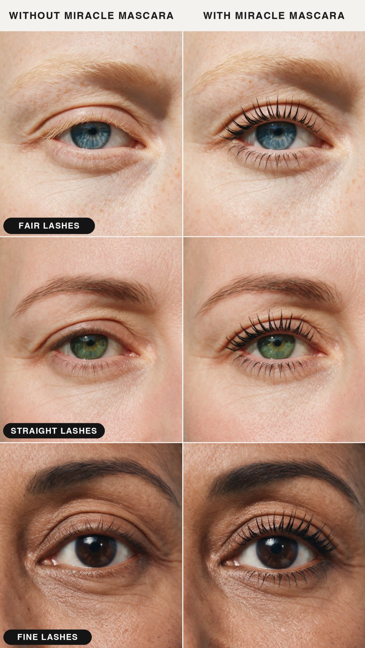 Three women, each eye before and after with Miracle Mascara