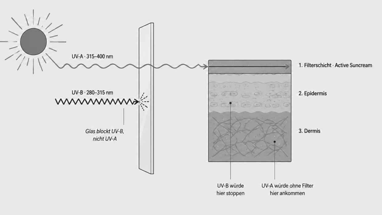 Diagramm: UV-A geht durch Fensterglas bis in die Dermis, UV-B wird vom Glas weitgehend geblockt und stoppt in der Epidermis. Die Filterschicht der Active Suncream liegt darueber.