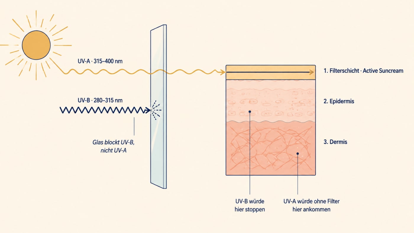 Diagramm: Glas blockt UV-B, nicht UV-A