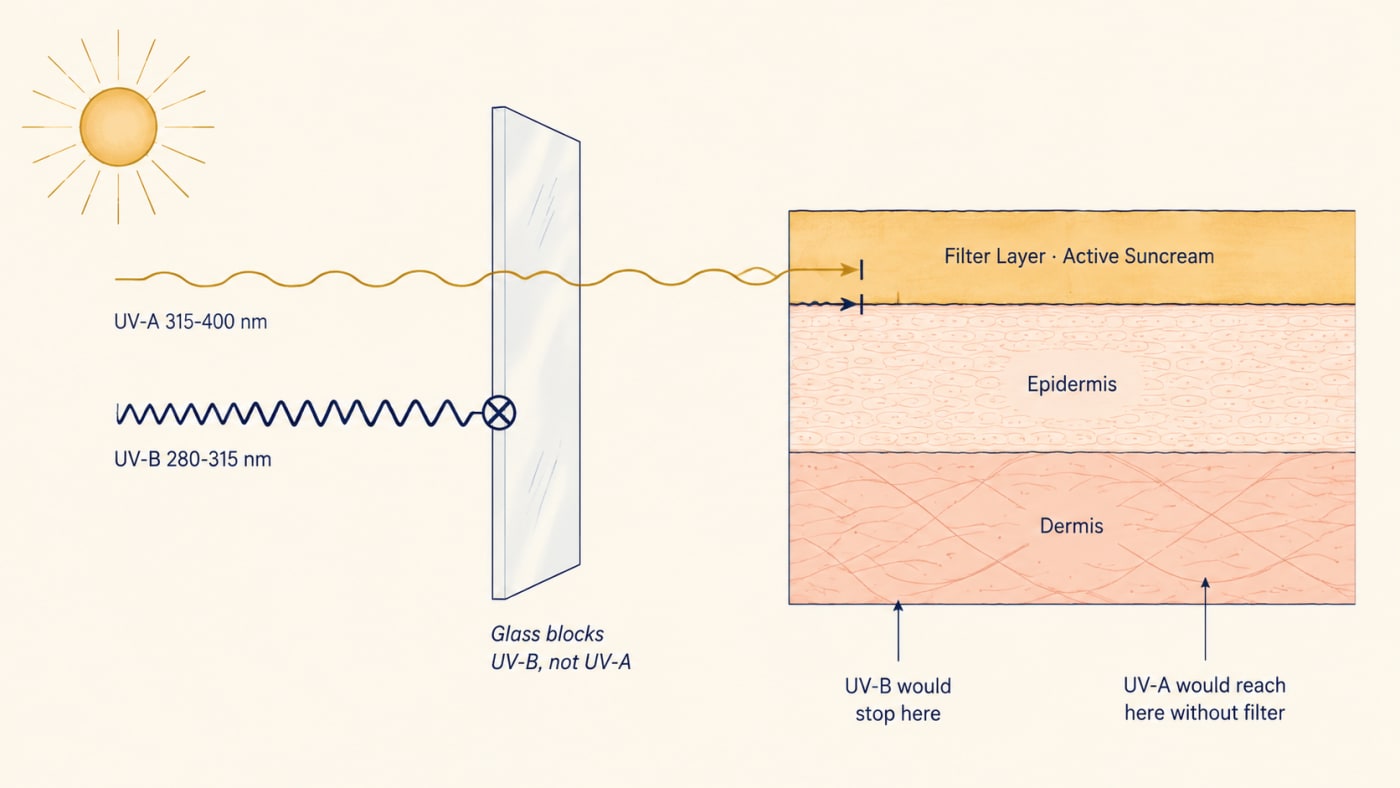 Mechanism diagram: UV-A passes through glass and clouds into the dermis. UV-B is blocked by glass and causes sunburn. Active Suncream filter blocks both wavelengths above the skin barrier.
