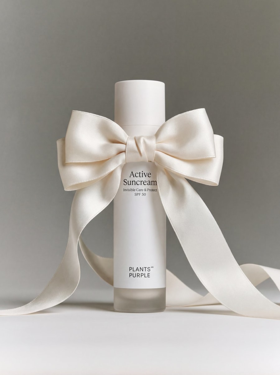 Die Tube Active Suncream mit einer cremefarbenen Schleife, wie ein Geschenk gebunden.