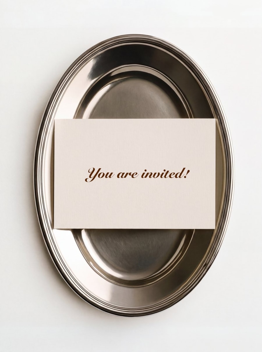 You are invited. Eine cremefarbene Karte auf einer ovalen Silberplatte.