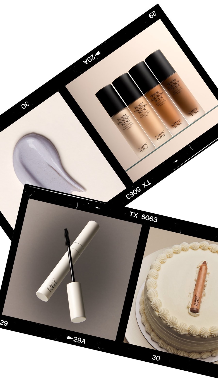 Drei Filmstreifen übereinander: ein lila Strich, die vier Töne des Wonder Foundation Serum, die Miracle Mascara und der Contour Pencil auf einer Torte.