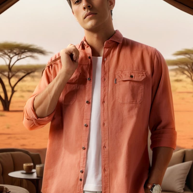 Men Orange Slim Fit Textured Full Sleeves Casual Shirt