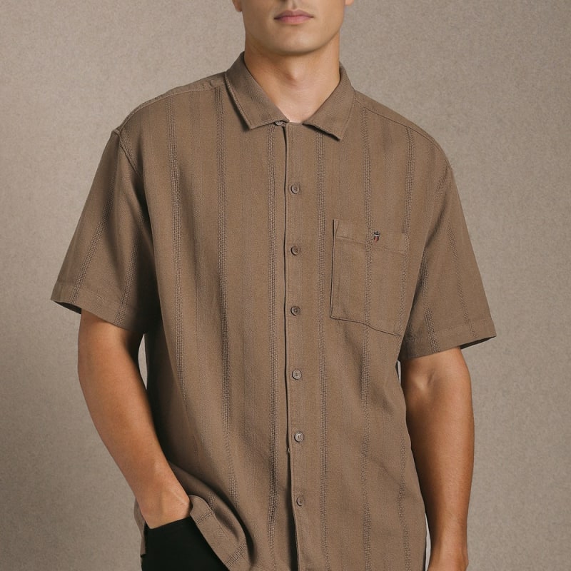 Men Brown Textured Half Sleeves Casual Shirt