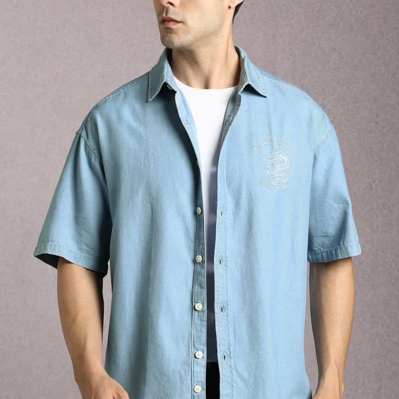Men Light Blue Embroidered Half Sleeves Casual Shirt