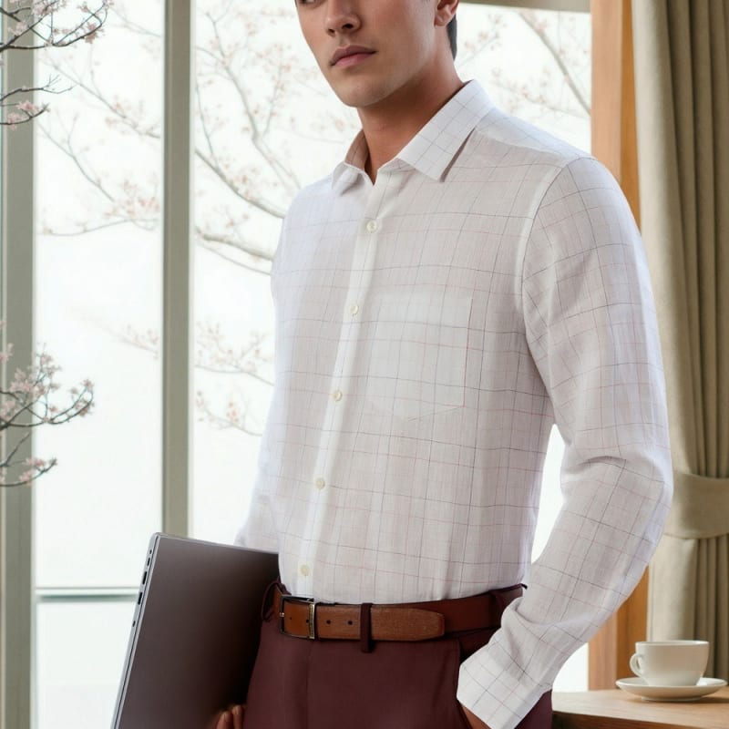 Men White Classic Fit Check Full Sleeves Formal Shirt
