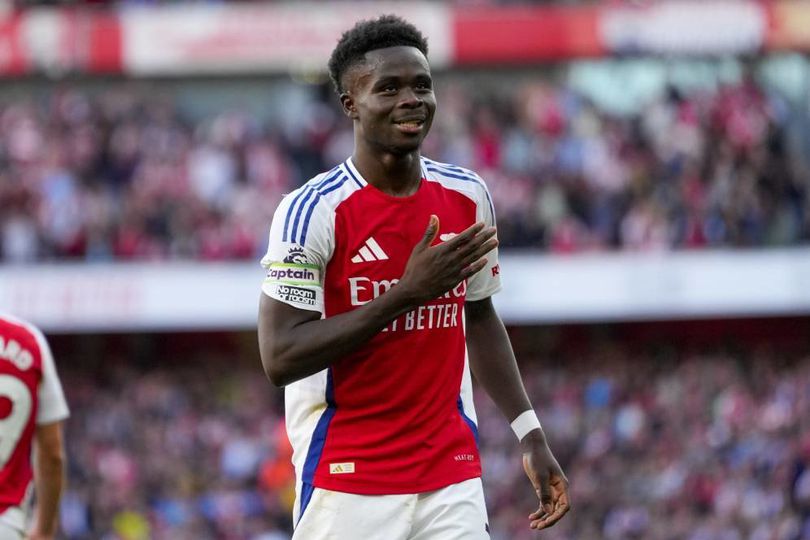 Selebrasi Bukayo Saka pada laga Arsenal vs Southampton di pekan ke-7 Premier League 2024/2025, Sabtu (5/10/2024). Jeda Internasional Jadi ‘Musuh’ Arsenal: Bulan Lalu Odegaard Cedera, Sekarang Giliran Saka